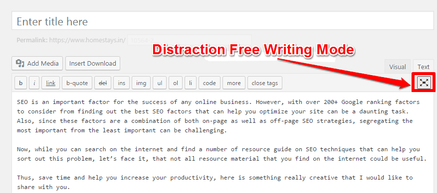 WordPress Distraction free Writing Mode