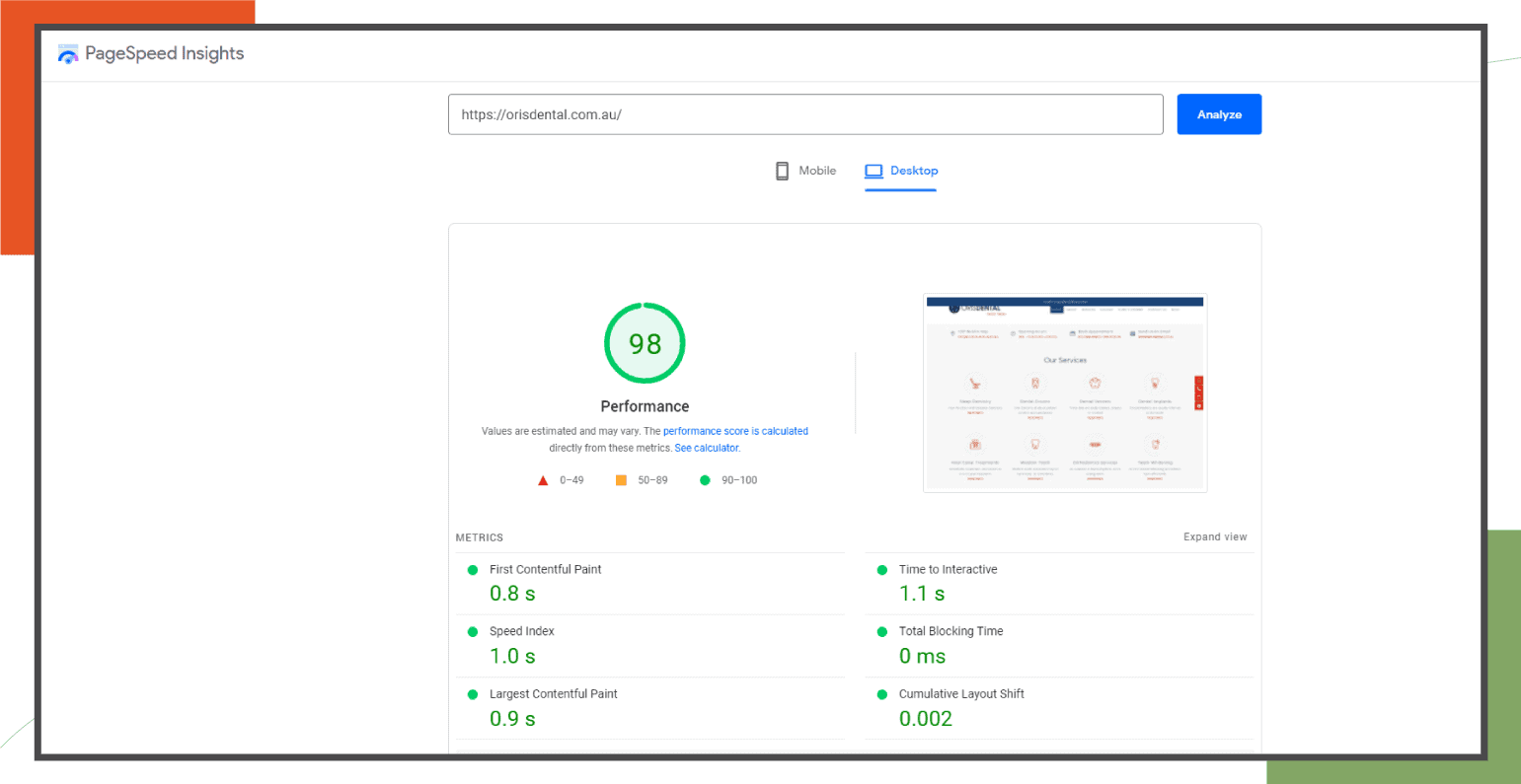 Oris Dental PageSpeed