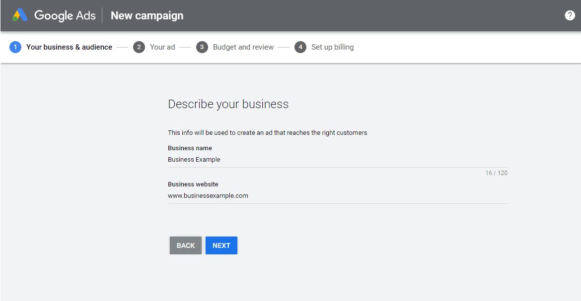 Enter your Business Name and URL